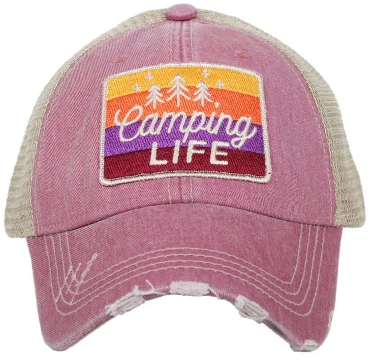 Hats or tanks { I'M A HAPPY CAMPER } { Camping hair don’t care } { Camping life } { Glamping hair don’t care } Embroidered distressed gray unisex trucker caps. Adjustable Velcro and hole for pony. RV there yet?