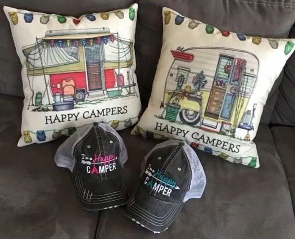 Hats or tanks { I'M A HAPPY CAMPER } { Camping hair don’t care } { Camping life } { Glamping hair don’t care } Embroidered distressed gray unisex trucker caps. Adjustable Velcro and hole for pony. RV there yet?