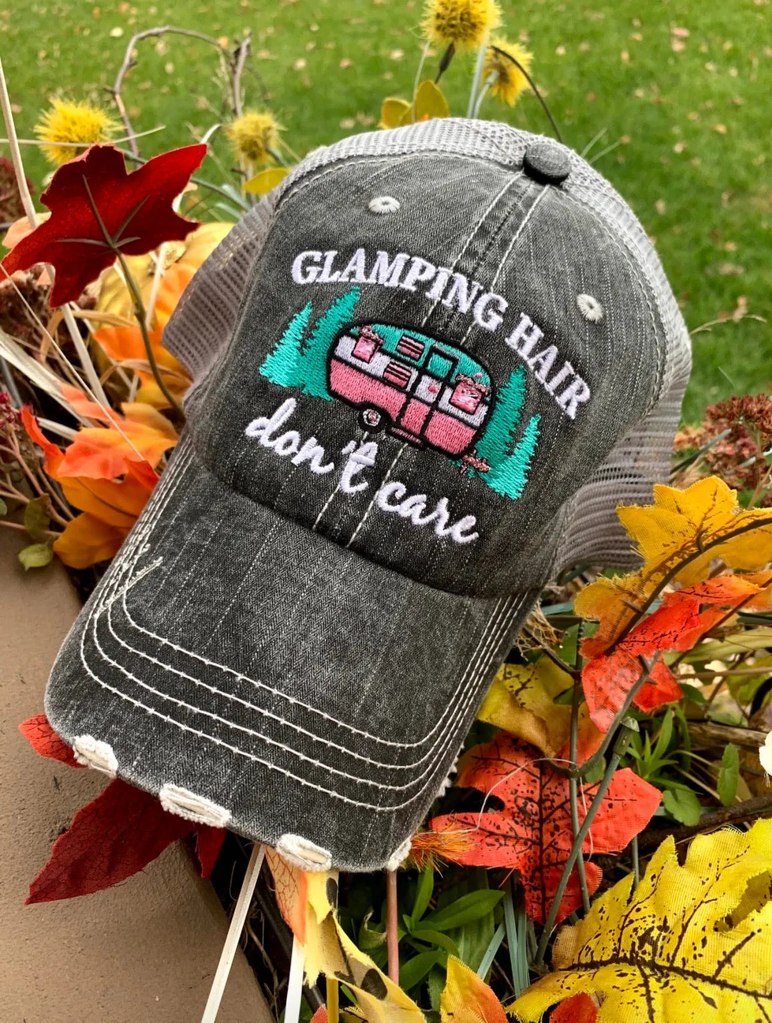Hats or tanks { I'M A HAPPY CAMPER } { Camping hair don’t care } { Camping life } { Glamping hair don’t care } Embroidered distressed gray unisex trucker caps. Adjustable Velcro and hole for pony. RV there yet?