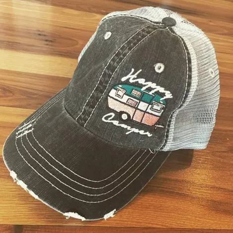 Hats or tanks { I'M A HAPPY CAMPER } { Camping hair don’t care } { Camping life } { Glamping hair don’t care } Embroidered distressed gray unisex trucker caps. Adjustable Velcro and hole for pony. RV there yet?