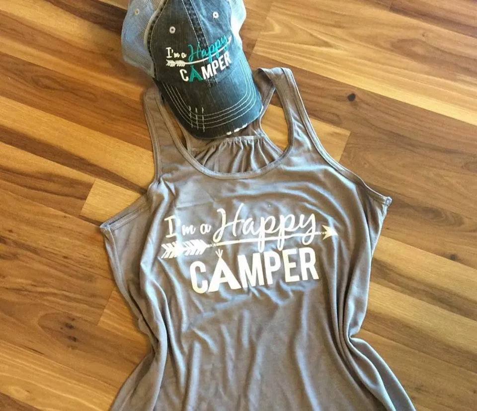 Hats or tanks { I'M A HAPPY CAMPER } { Camping hair don’t care } { Camping life } { Glamping hair don’t care } Embroidered distressed gray unisex trucker caps. Adjustable Velcro and hole for pony. RV there yet?