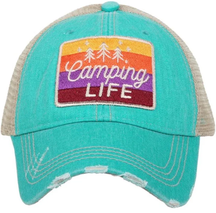 Hats or tanks { I'M A HAPPY CAMPER } { Camping hair don’t care } { Camping life } { Glamping hair don’t care } Embroidered distressed gray unisex trucker caps. Adjustable Velcro and hole for pony. RV there yet?