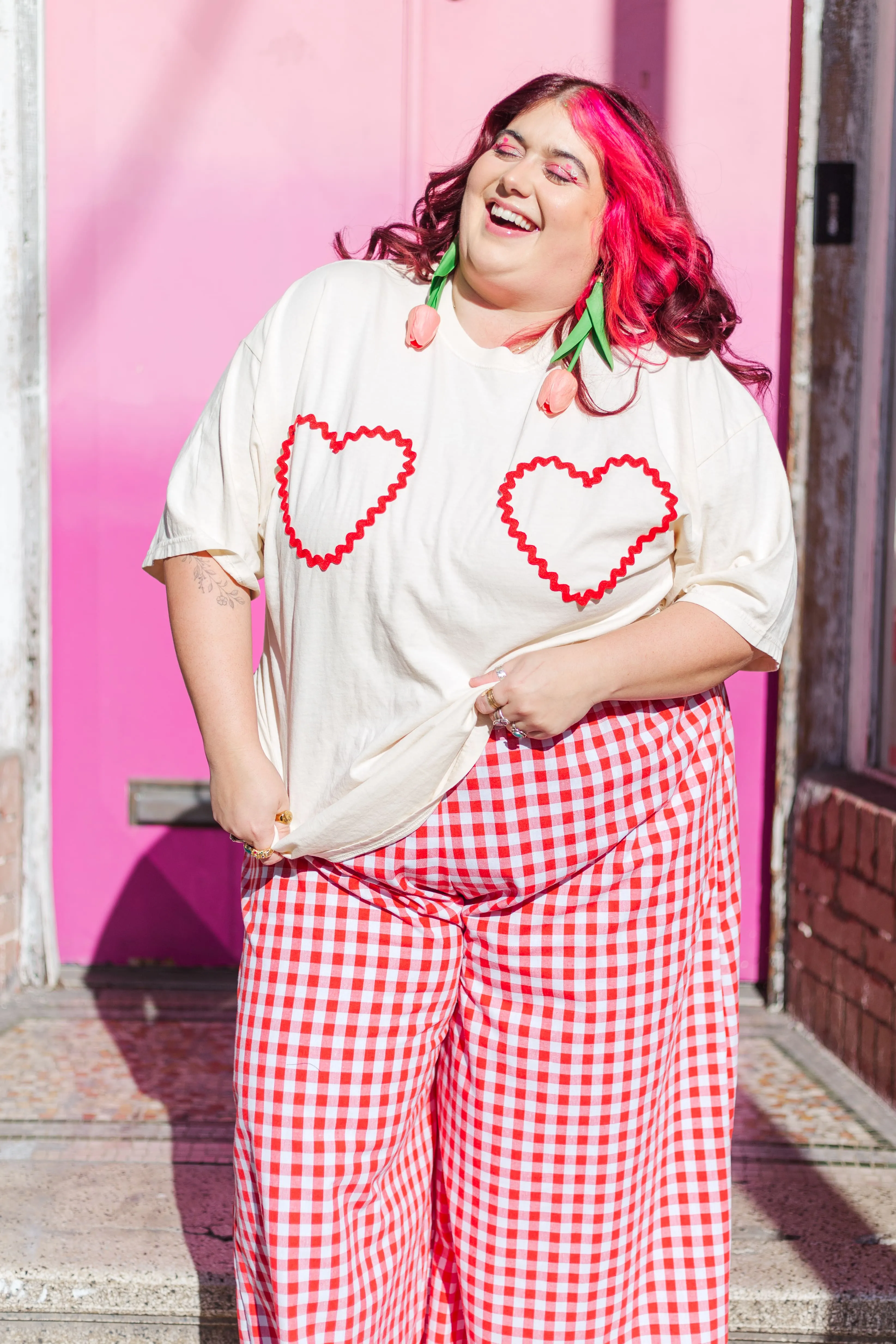 Heart T-Shirt - Cream/Red Double Heart - Size XL (RTS)