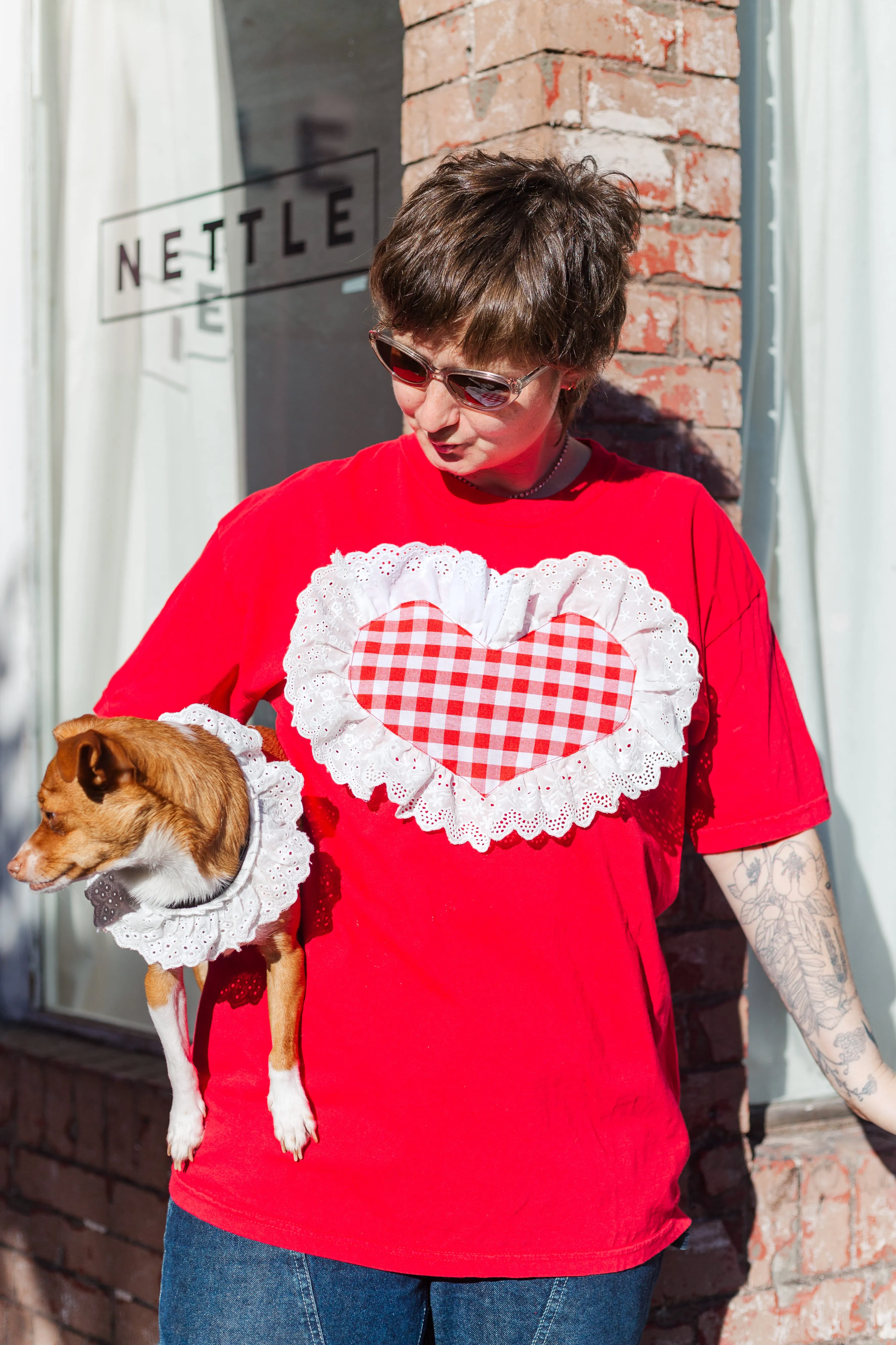 Heart T-Shirt - Red/Red Gingham Ruffle - Size XL (RTS)