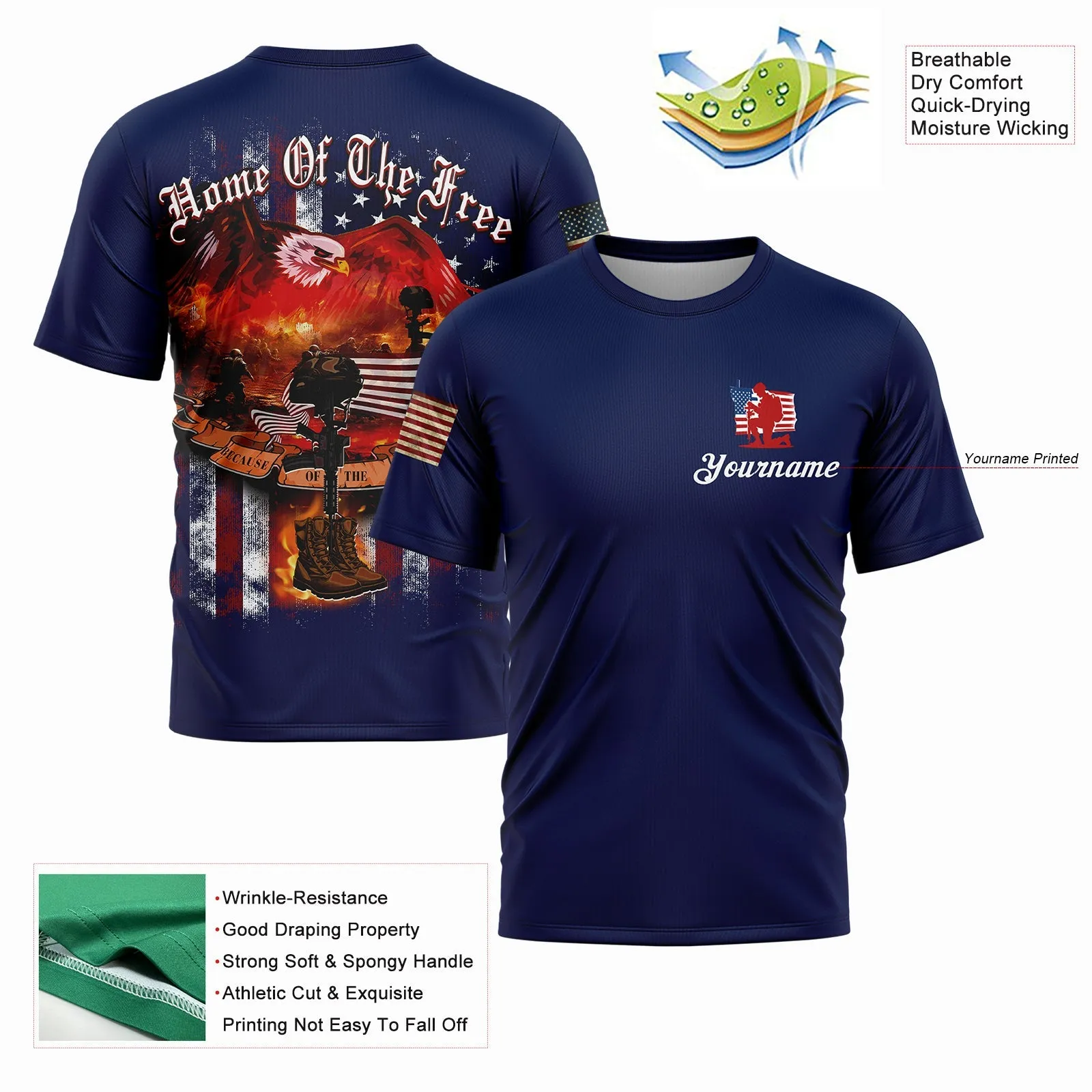 Home Of The Free Because Of The Brave Custom Navy American Patriot Name T-Shirt