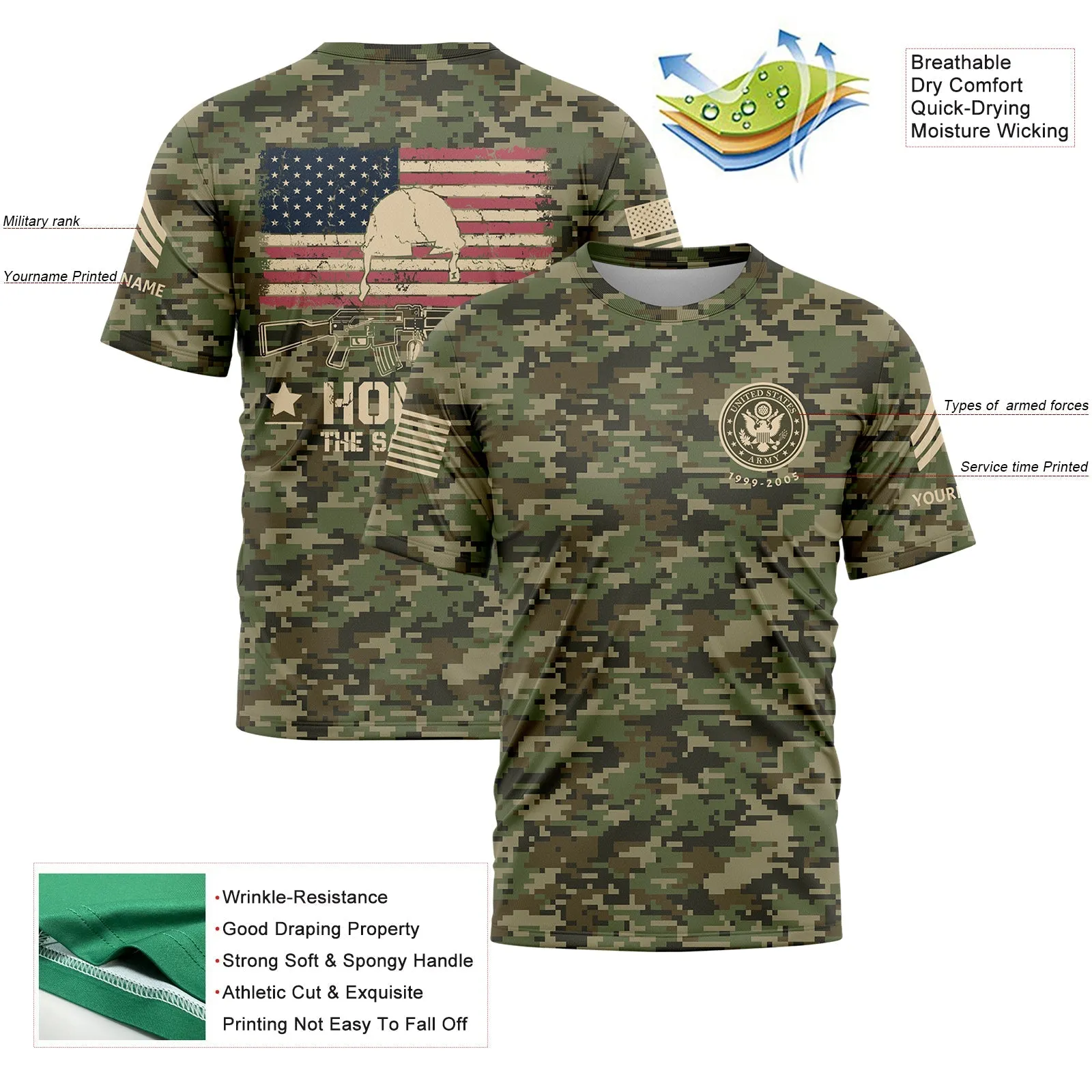 Honor The Sacrifice Custom Camo American Flay U.S Army Military Rank Sergeant Veteran Name Memorial Day T-Shirt