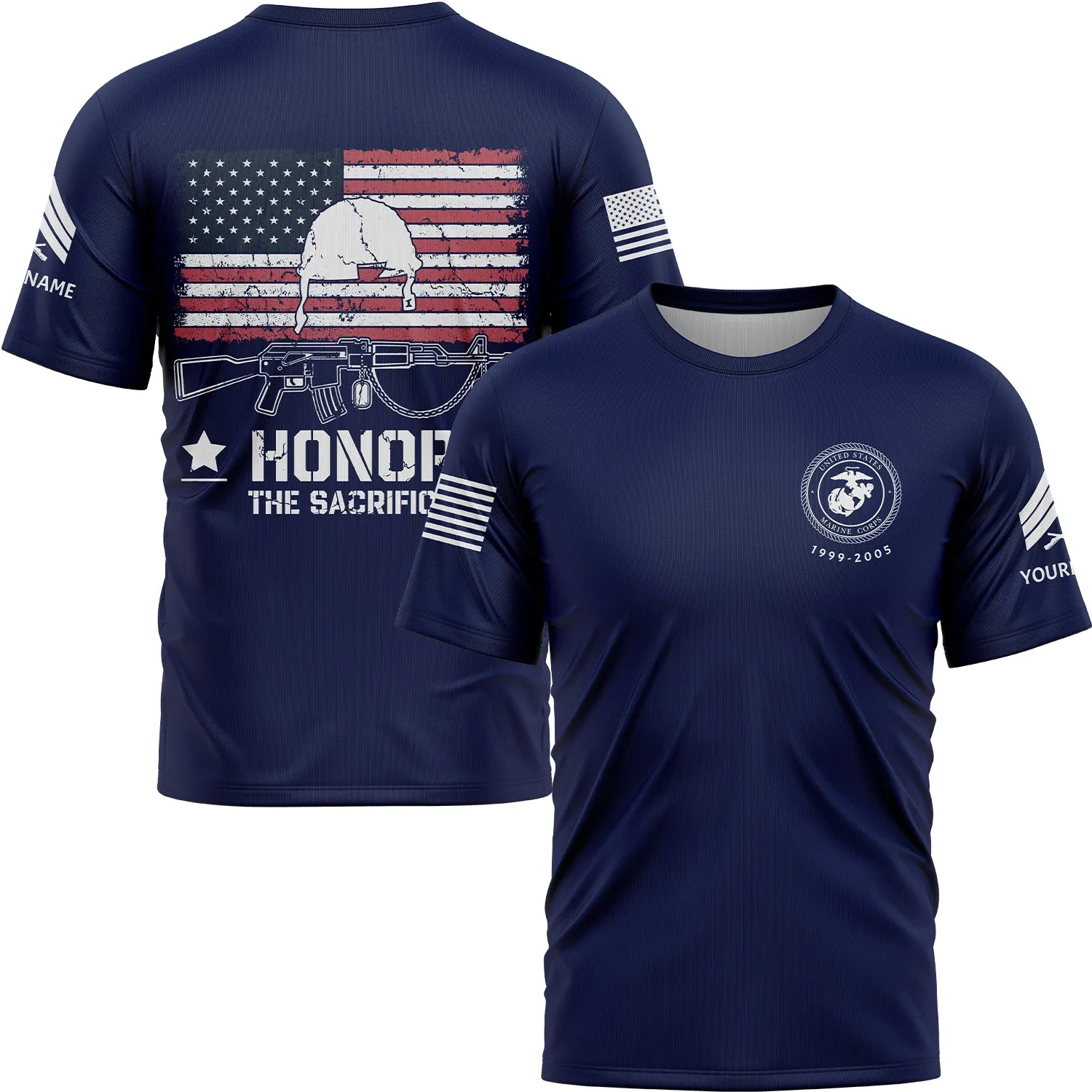 Honor The Sacrifice Custom Navy American Flay Military Rank Veteran Name Memorial Day T-Shirt