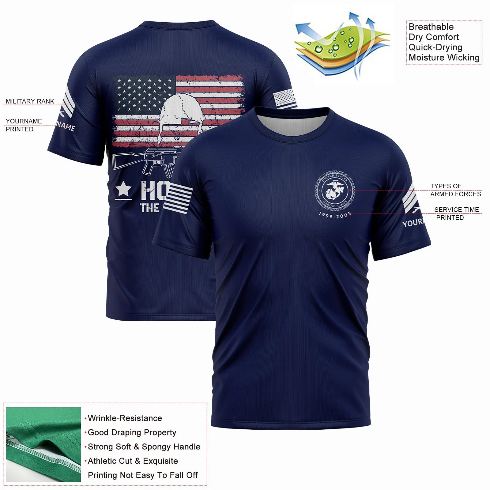 Honor The Sacrifice Custom Navy American Flay Military Rank Veteran Name Memorial Day T-Shirt