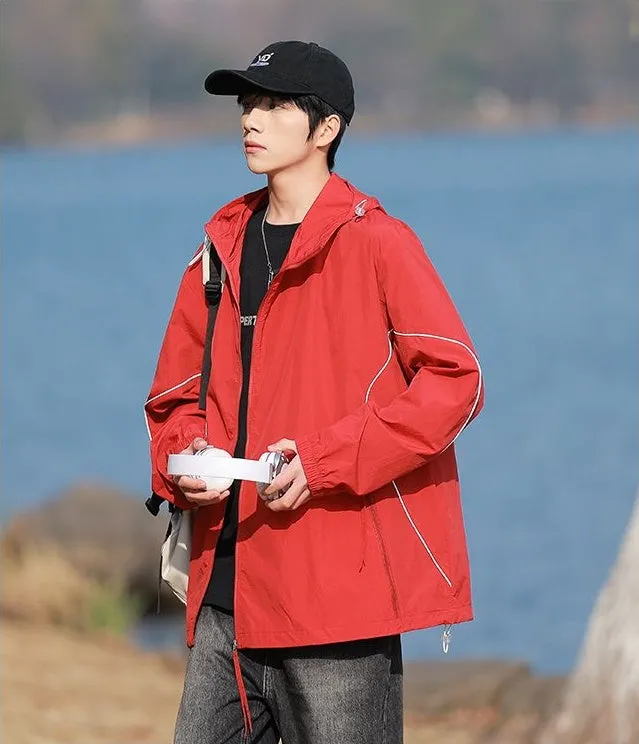 Hooded Graphic Print Windbreaker for Men with Zip Pocket