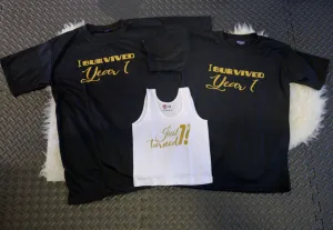 I Survived Year 1 Ladies Tee, I Survived Year 1 Mens Tee & Just Turned 1 Baby or Toddler Tee, Family Matching T-Shirt Set