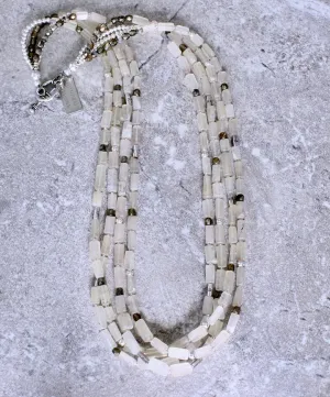 Ivory Glass Rectangles 4-Strand Necklace with Golden-Bronze Fire Polished Glass and Sterling Silver