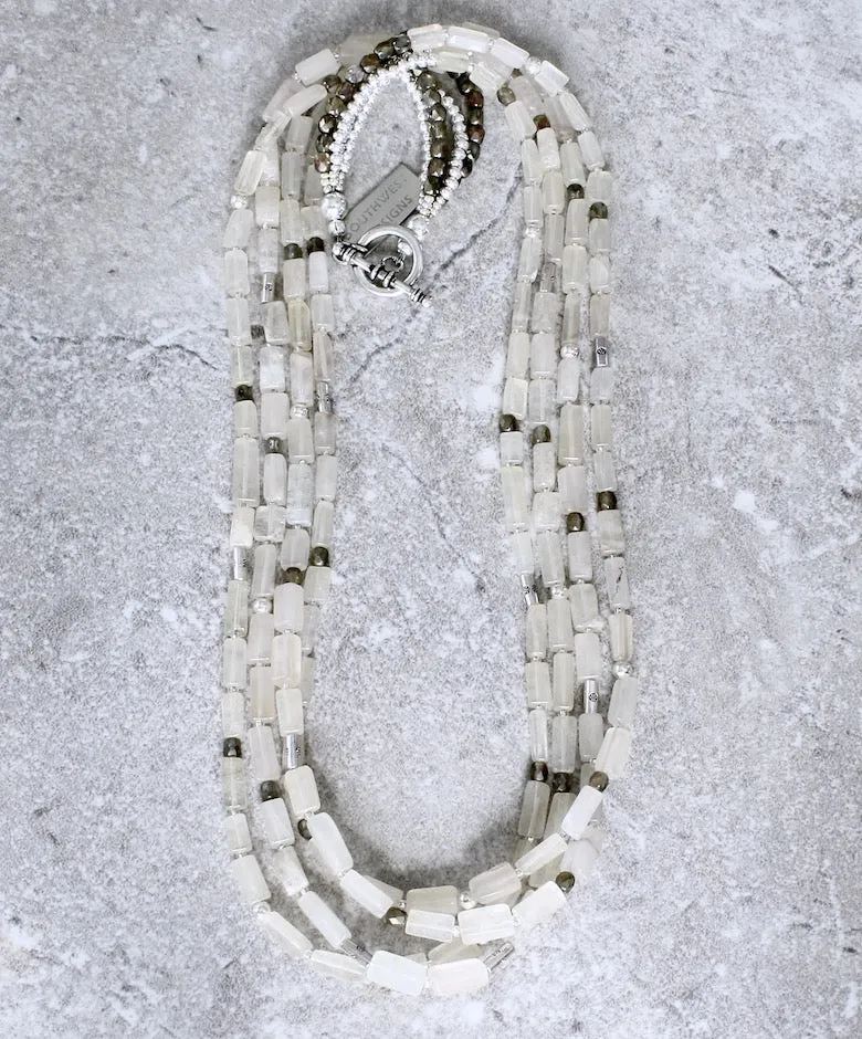 Ivory Glass Rectangles 4-Strand Necklace with Golden-Bronze Fire Polished Glass and Sterling Silver