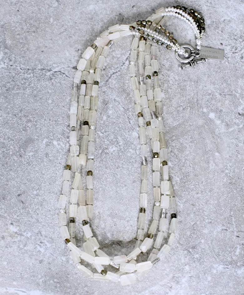 Ivory Glass Rectangles 4-Strand Necklace with Golden-Bronze Fire Polished Glass and Sterling Silver