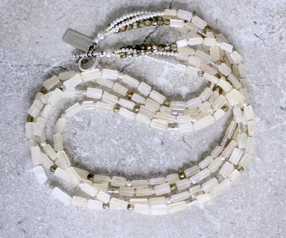 Ivory Glass Rectangles 4-Strand Necklace with Golden-Bronze Fire Polished Glass and Sterling Silver