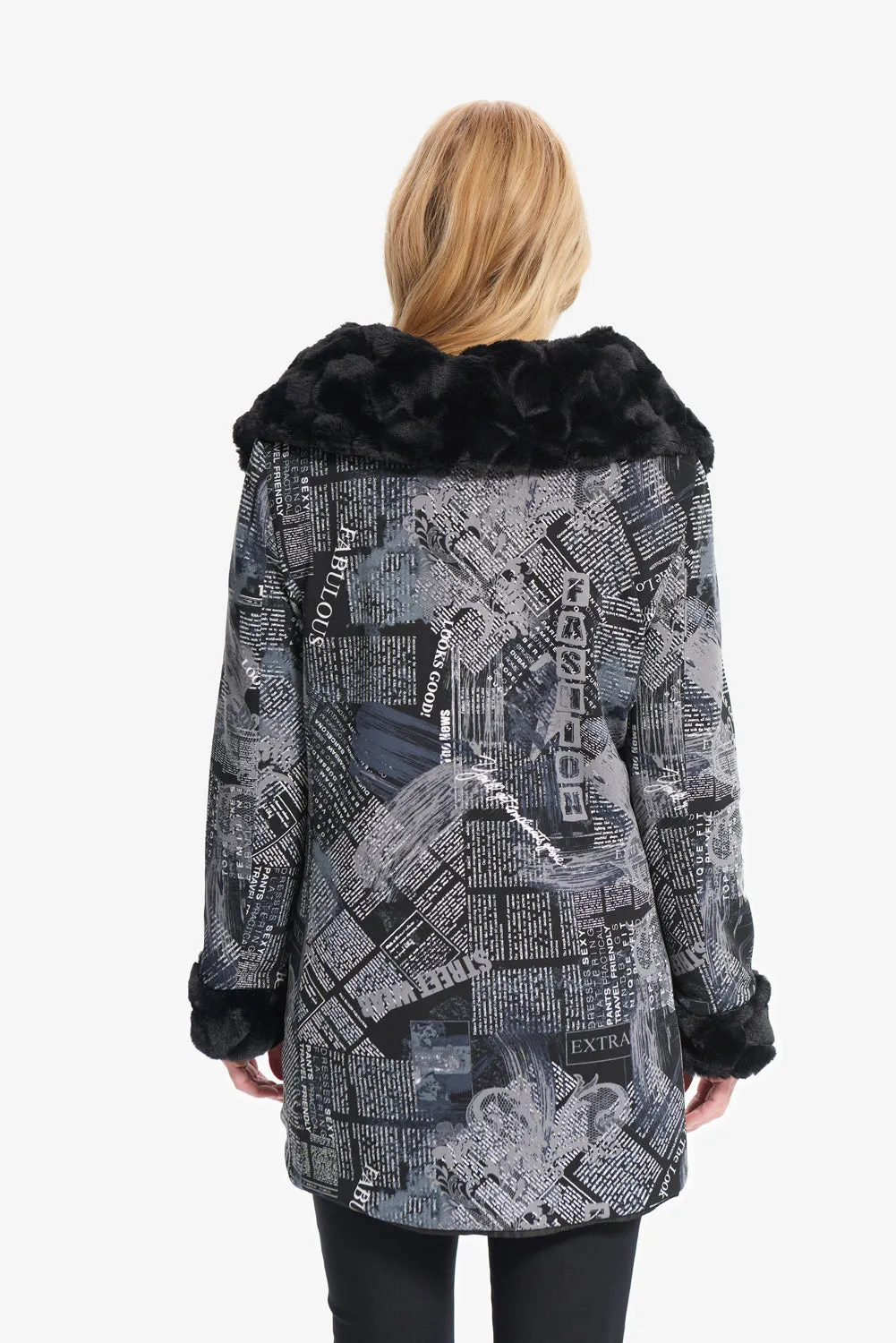 Joseph Ribkoff Black/Grey Newspaper Print Reversible Coat Style 214934