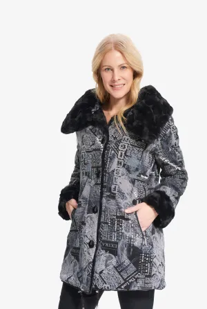 Joseph Ribkoff Black/Grey Newspaper Print Reversible Coat Style 214934