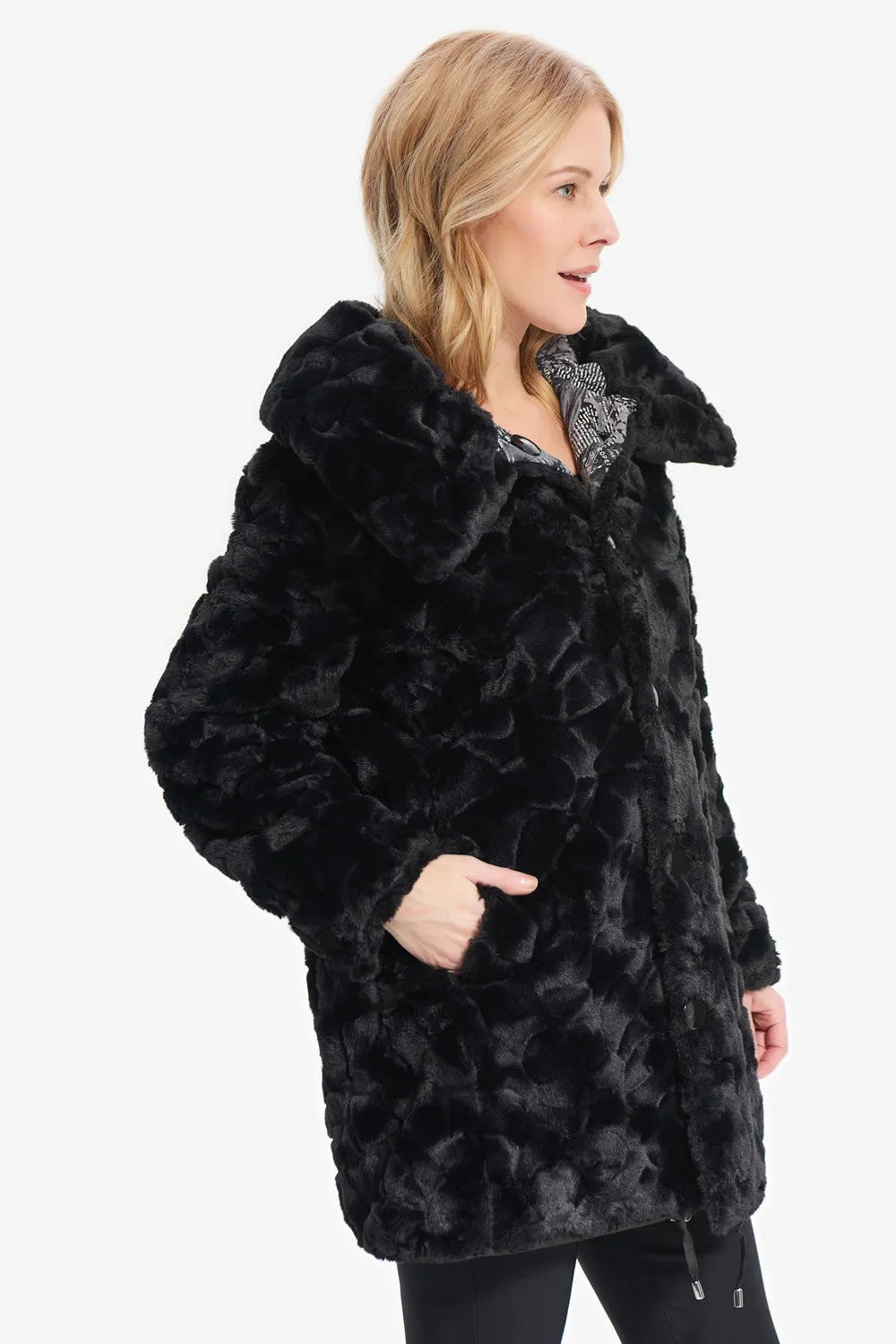 Joseph Ribkoff Black/Grey Newspaper Print Reversible Coat Style 214934