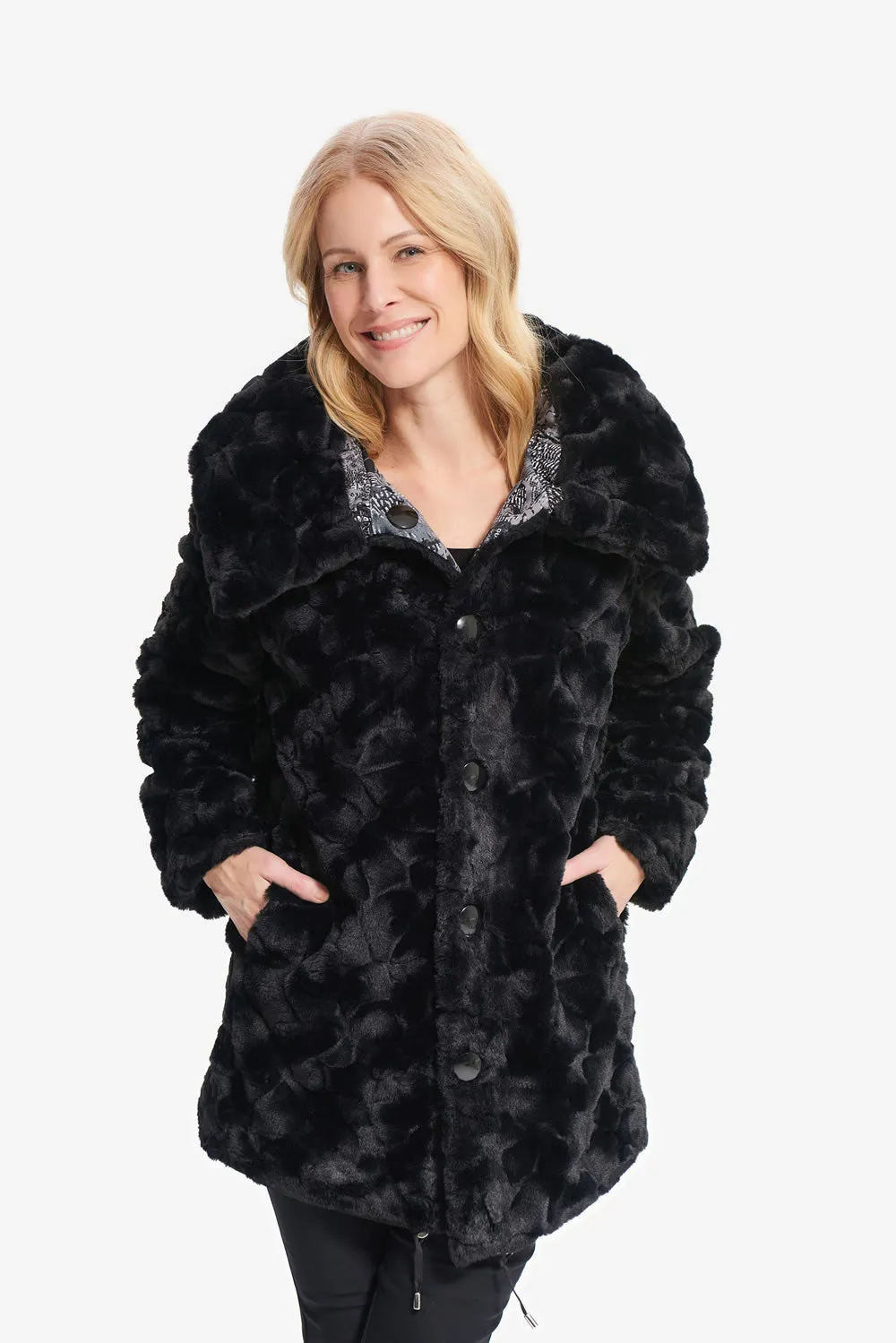 Joseph Ribkoff Black/Grey Newspaper Print Reversible Coat Style 214934