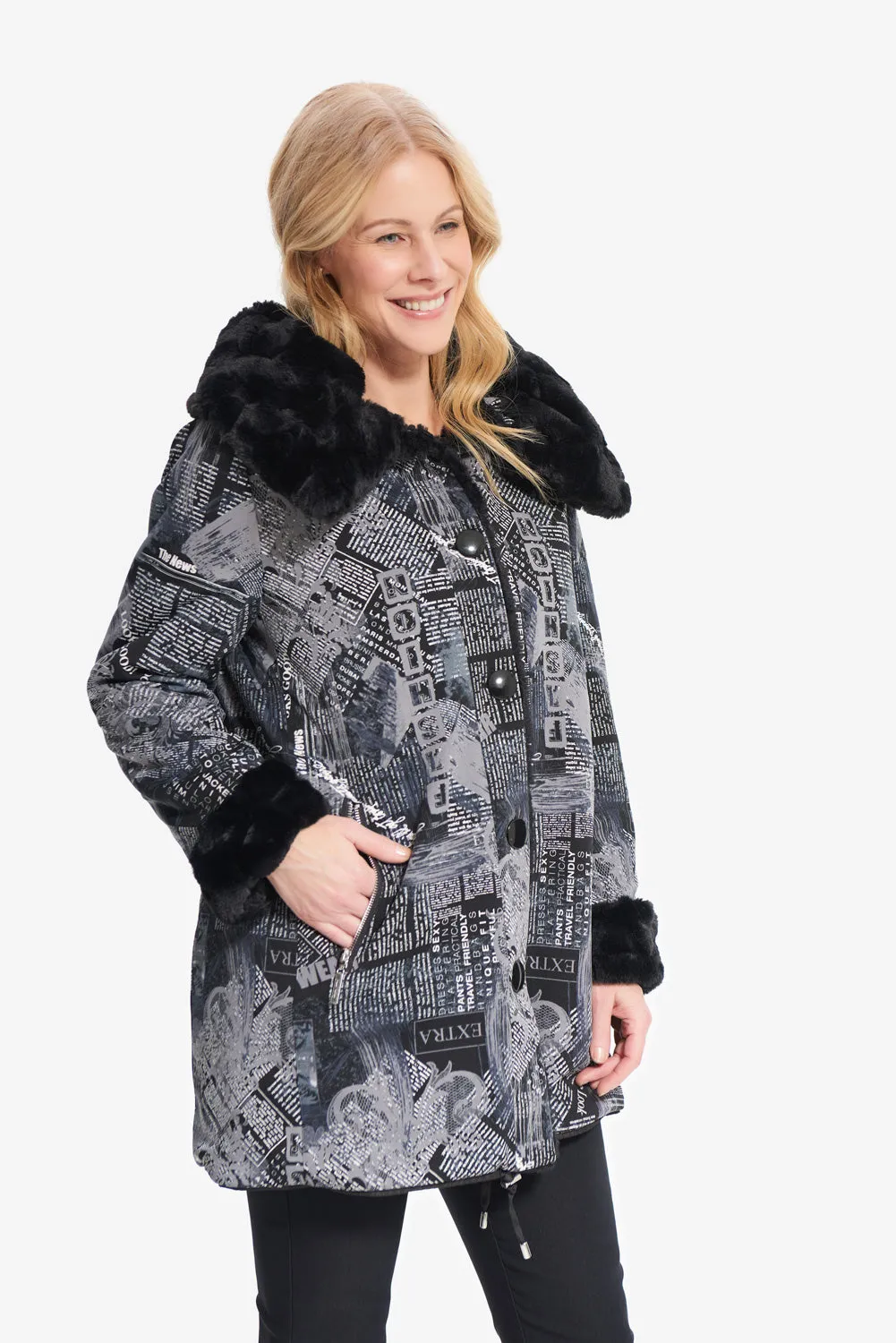 Joseph Ribkoff Black/Grey Newspaper Print Reversible Coat Style 214934