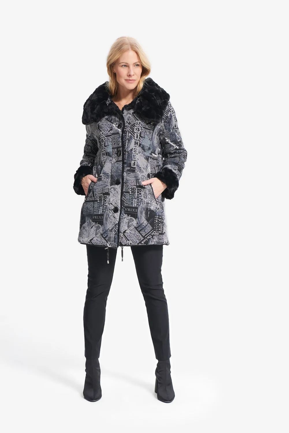 Joseph Ribkoff Black/Grey Newspaper Print Reversible Coat Style 214934