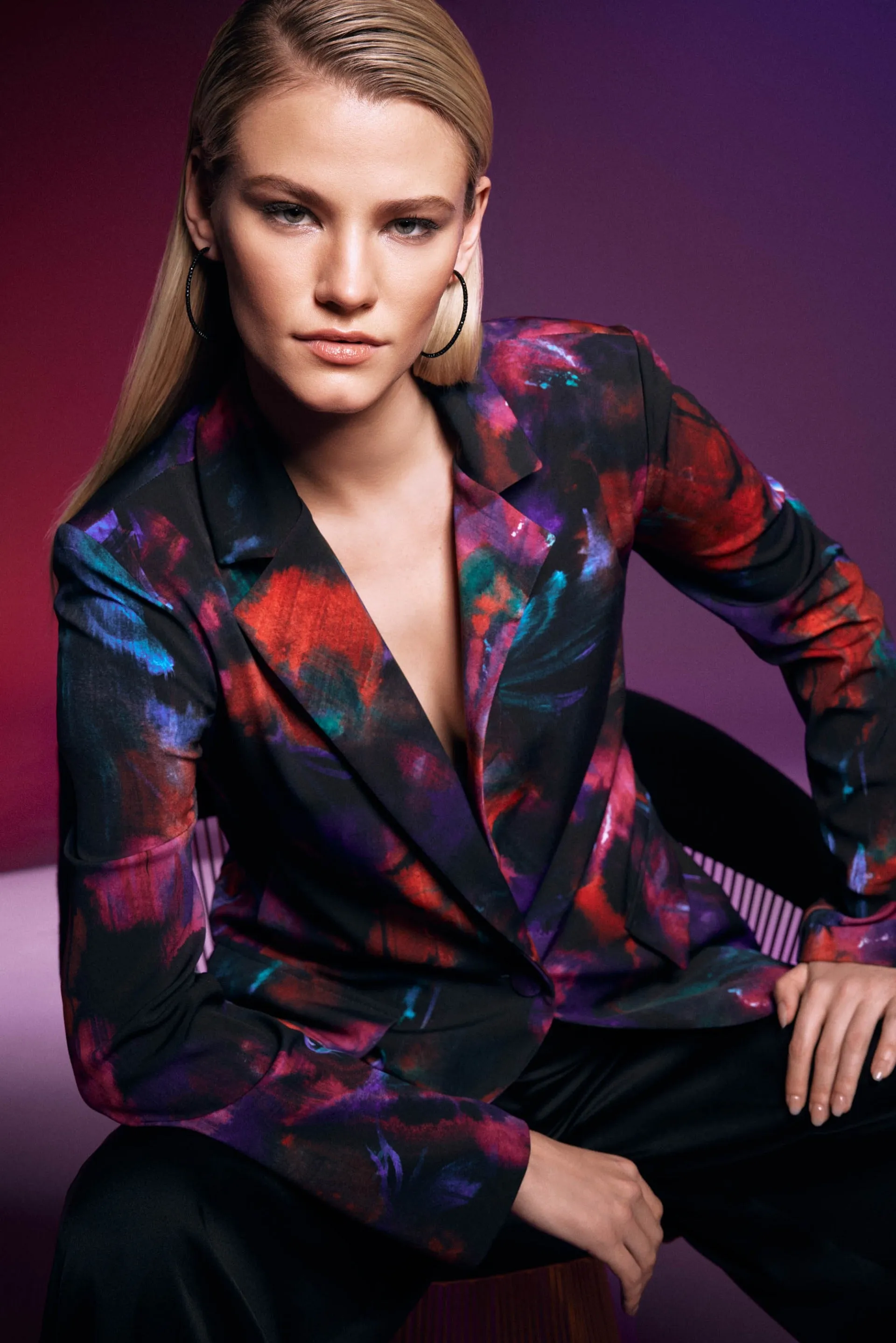 Joseph Ribkoff Black/Multi Floral Print Straight Blazer Style 243723