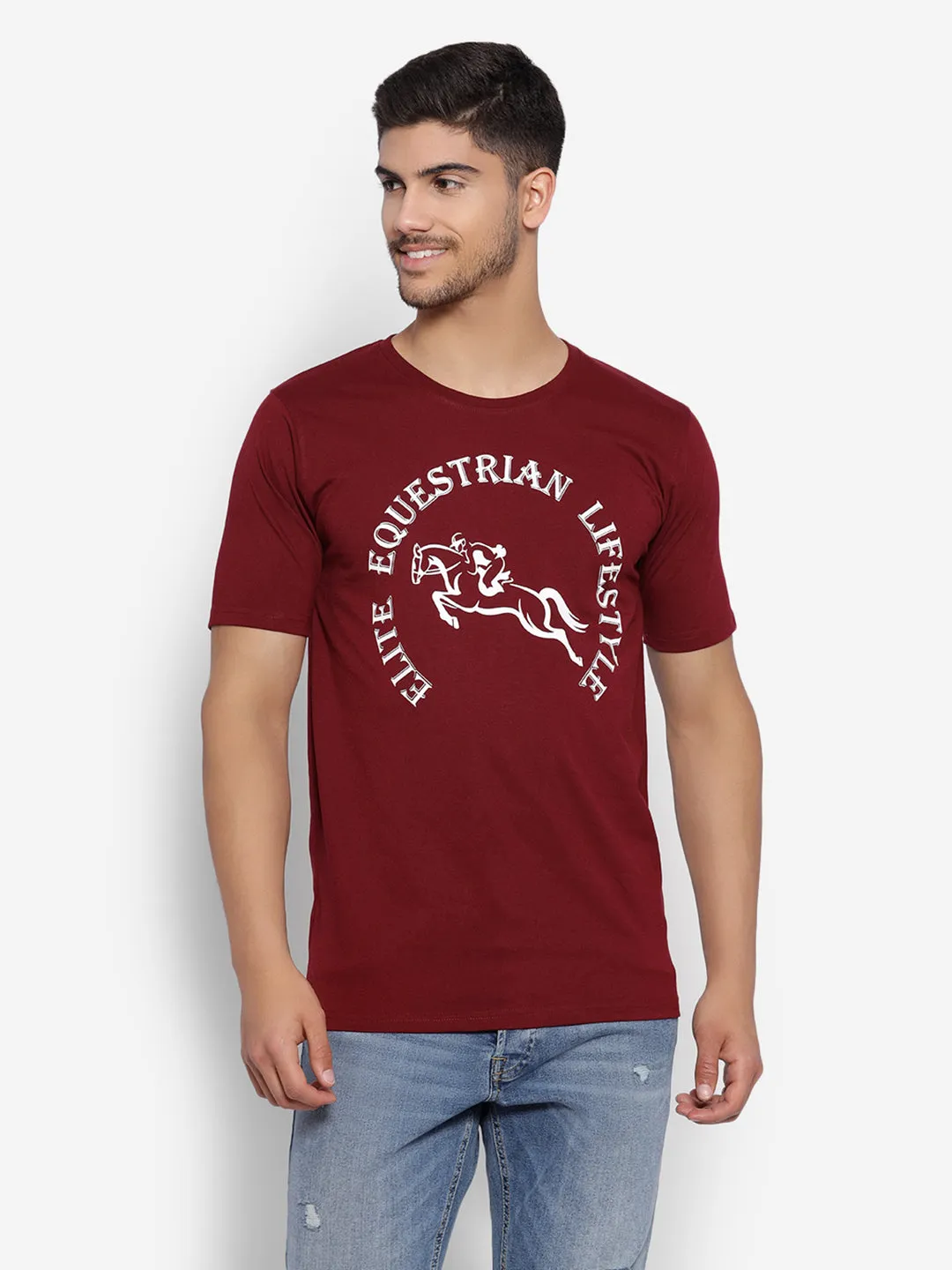 JUMP USA Unisex Maroon Solid Cotton Round Neck Printed T-Shirt