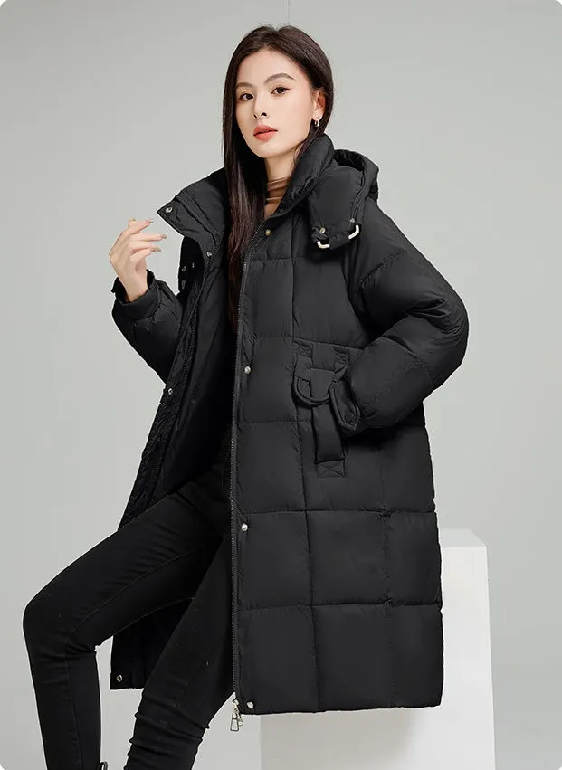 Knee-Length Relaxed-Fit Quilted Puffer Jacket for Women