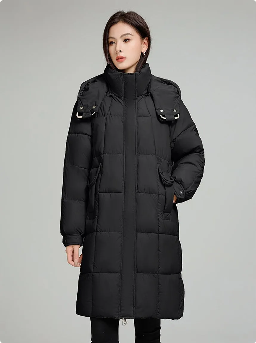 Knee-Length Relaxed-Fit Quilted Puffer Jacket for Women