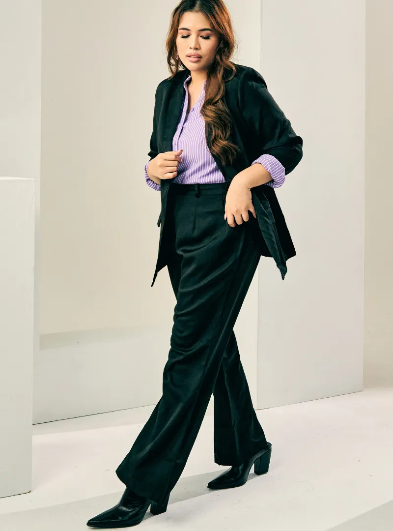 Lapel Collar Oversized Blazer Set - Black
