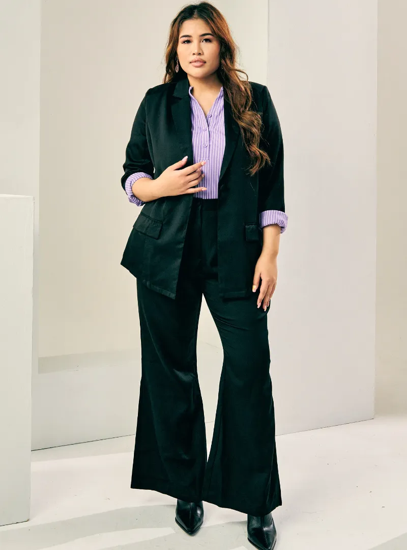 Lapel Collar Oversized Blazer Set - Black