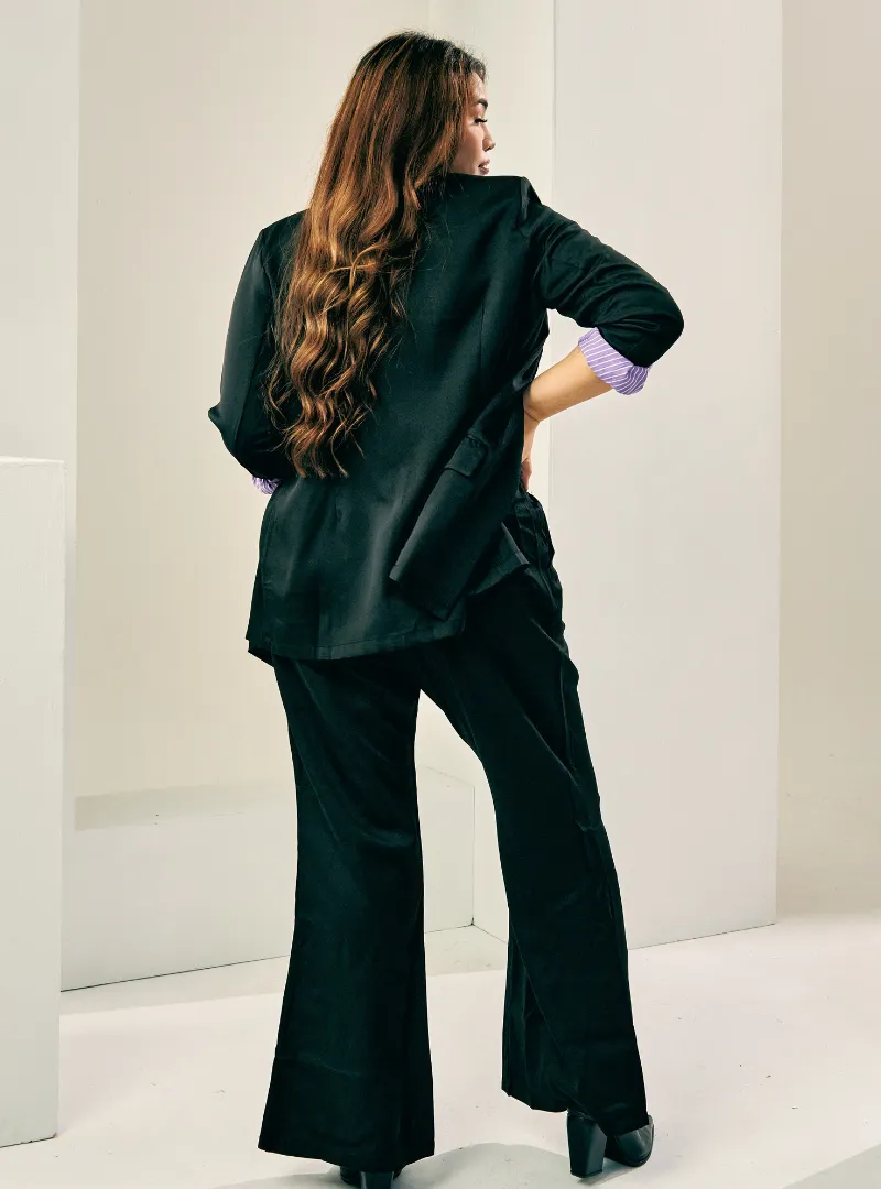 Lapel Collar Oversized Blazer Set - Black