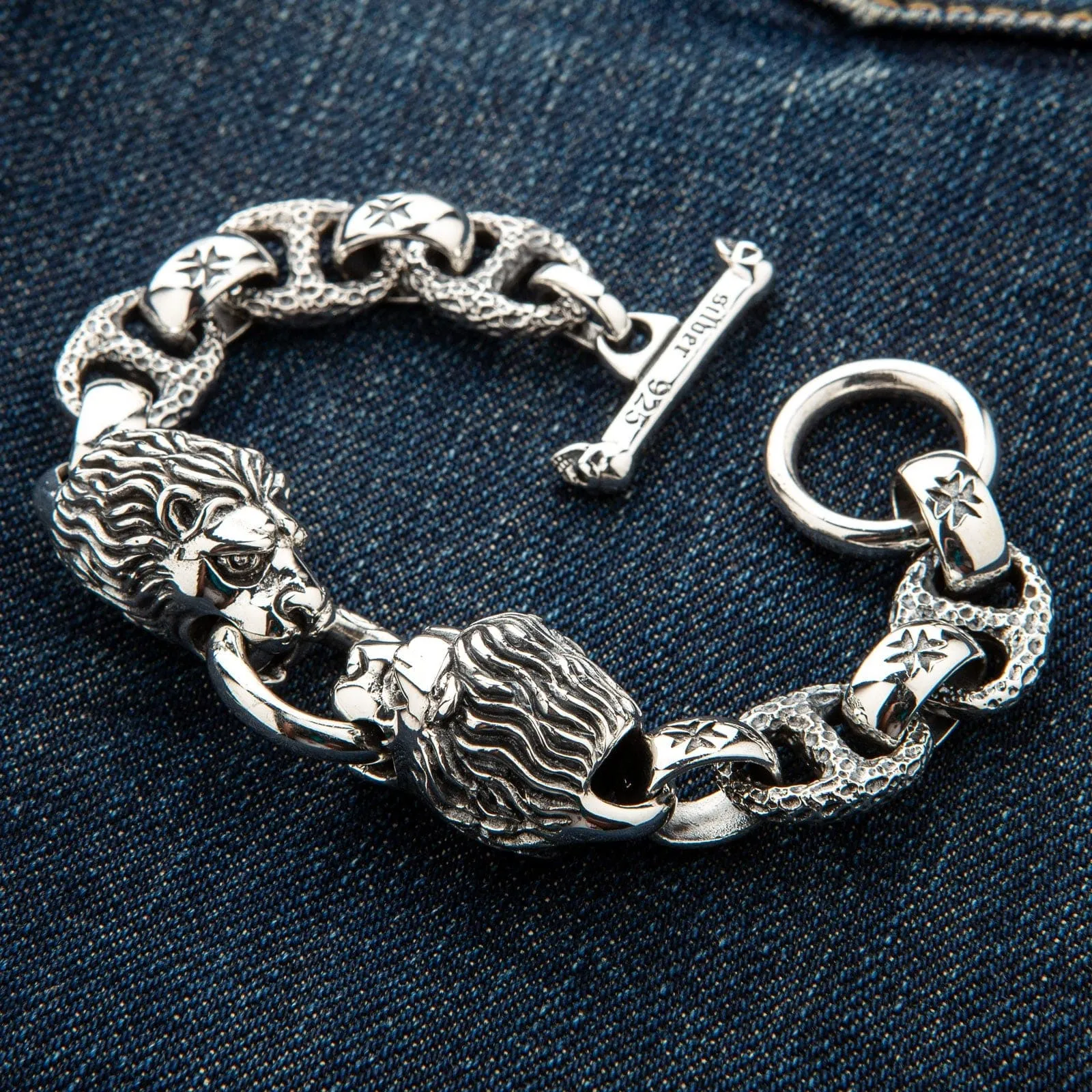 Lion Head Sterling Silver Biker Bracelet