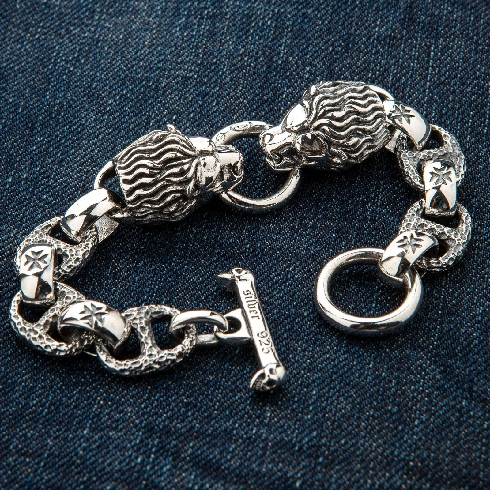 Lion Head Sterling Silver Biker Bracelet