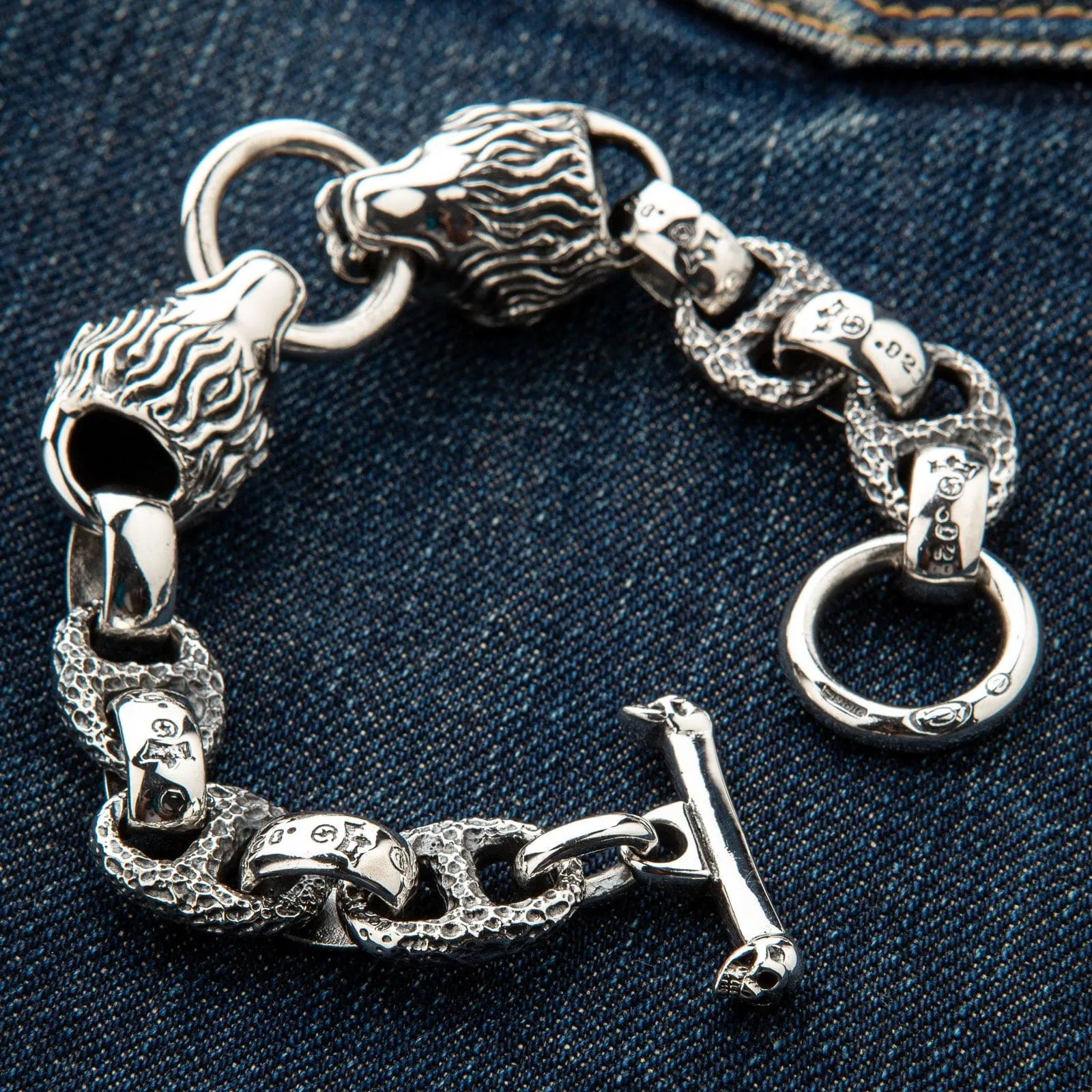 Lion Head Sterling Silver Biker Bracelet