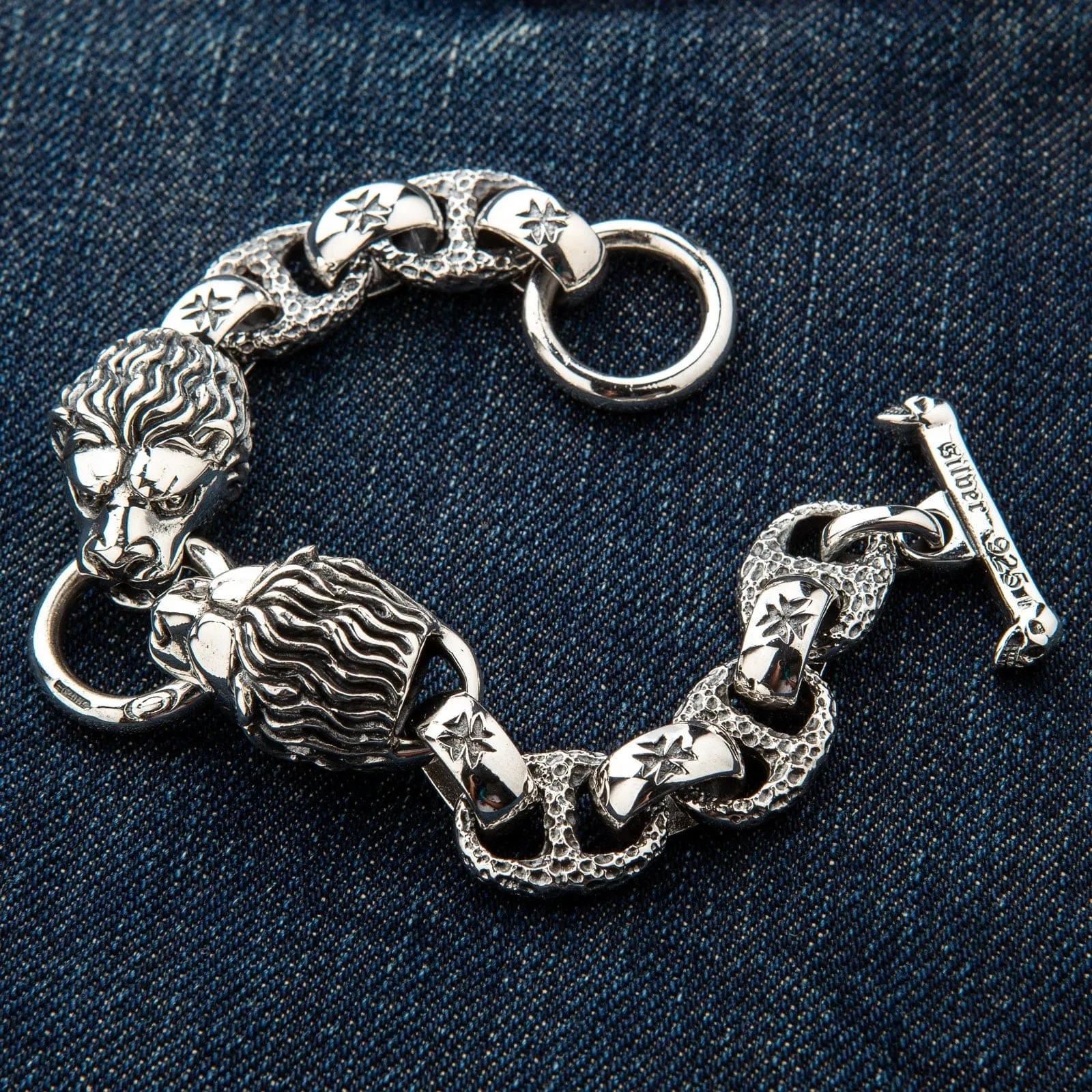 Lion Head Sterling Silver Biker Bracelet