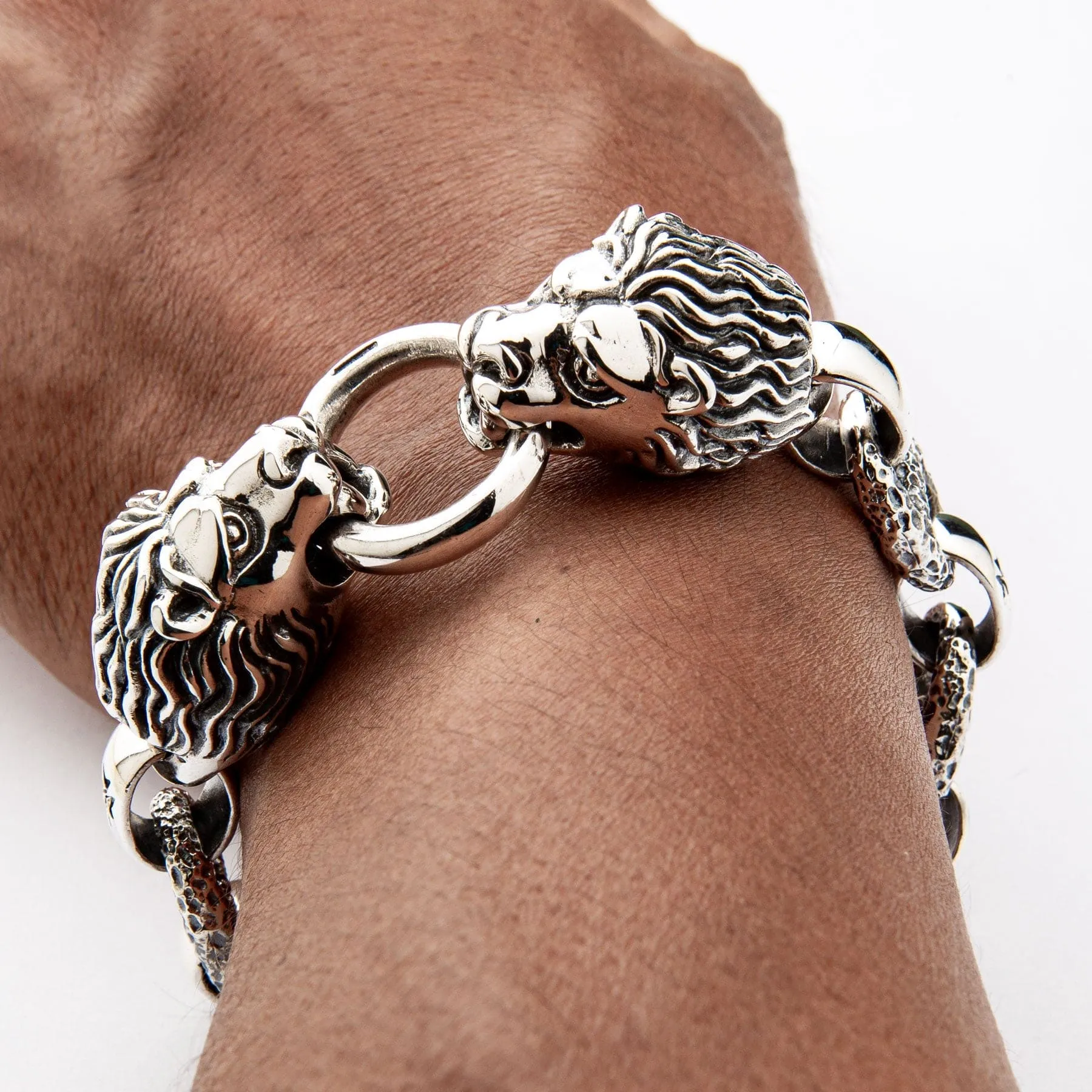 Lion Head Sterling Silver Biker Bracelet