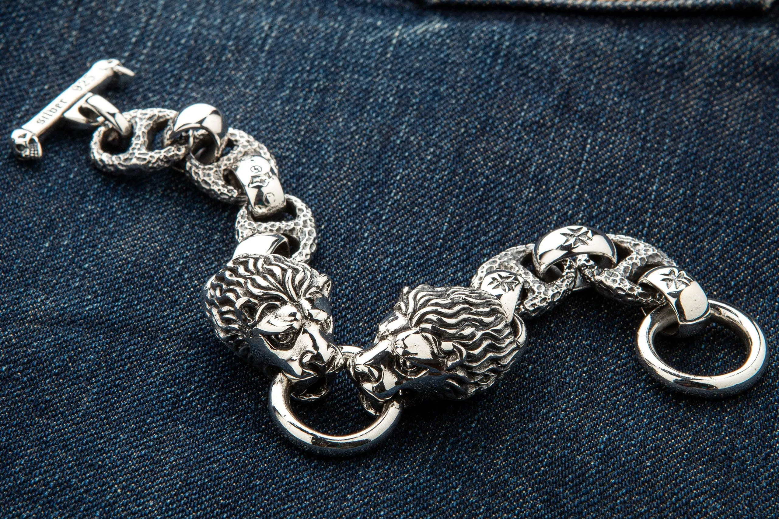 Lion Head Sterling Silver Biker Bracelet