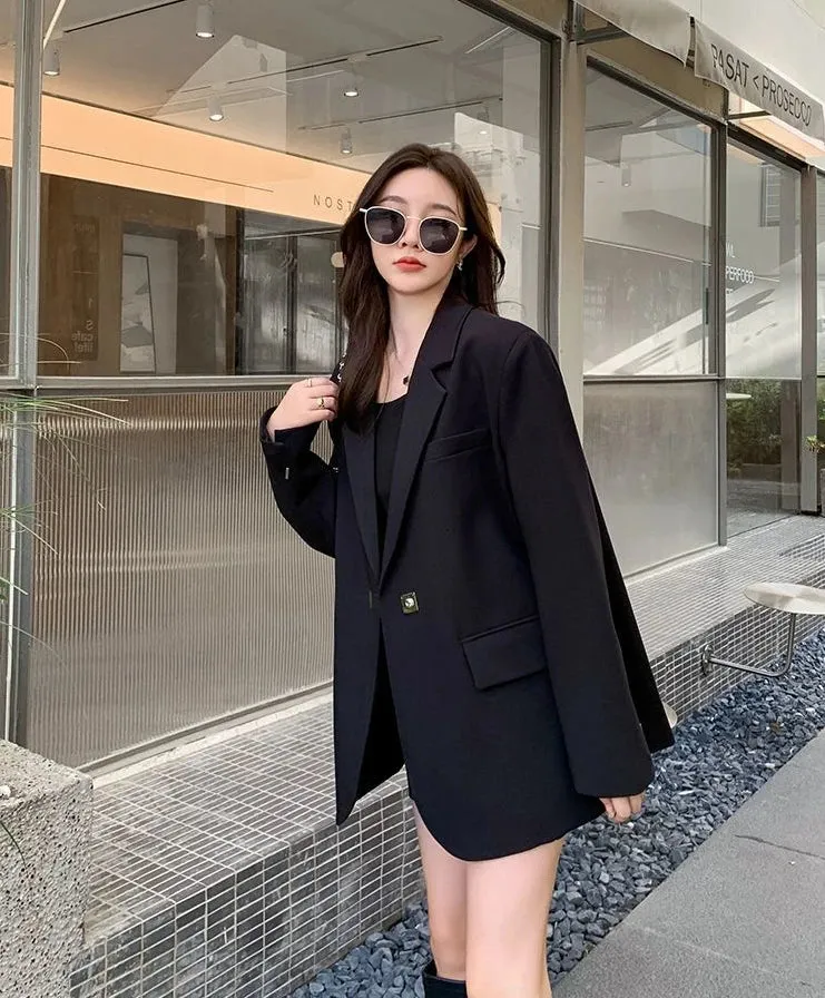 Long Women's Blazers Loose Jacket Dress Clothing Female Coats and Jackets Solid Over Black Youthful Woman Clothes New Outerwear