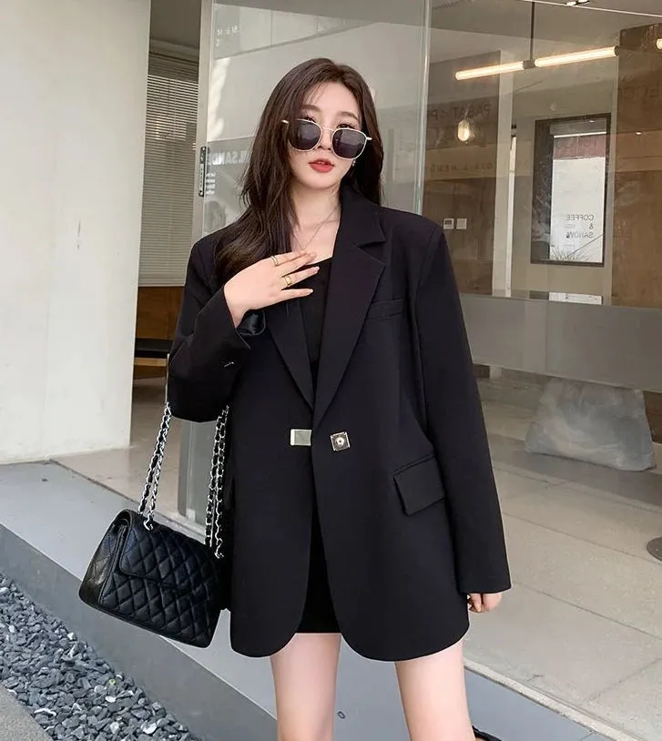 Long Women's Blazers Loose Jacket Dress Clothing Female Coats and Jackets Solid Over Black Youthful Woman Clothes New Outerwear