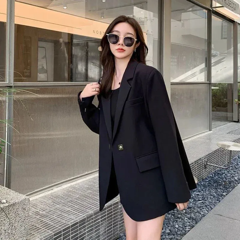 Long Women's Blazers Loose Jacket Dress Clothing Female Coats and Jackets Solid Over Black Youthful Woman Clothes New Outerwear