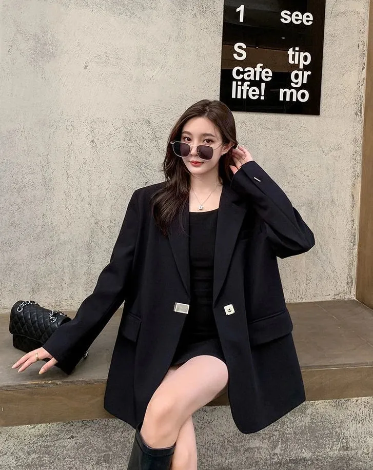 Long Women's Blazers Loose Jacket Dress Clothing Female Coats and Jackets Solid Over Black Youthful Woman Clothes New Outerwear