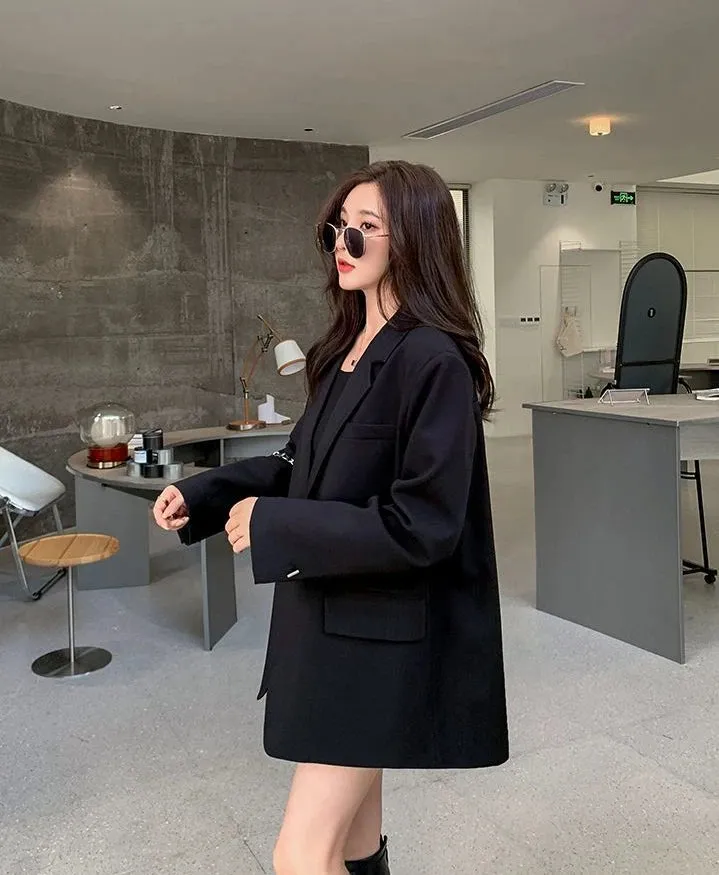 Long Women's Blazers Loose Jacket Dress Clothing Female Coats and Jackets Solid Over Black Youthful Woman Clothes New Outerwear