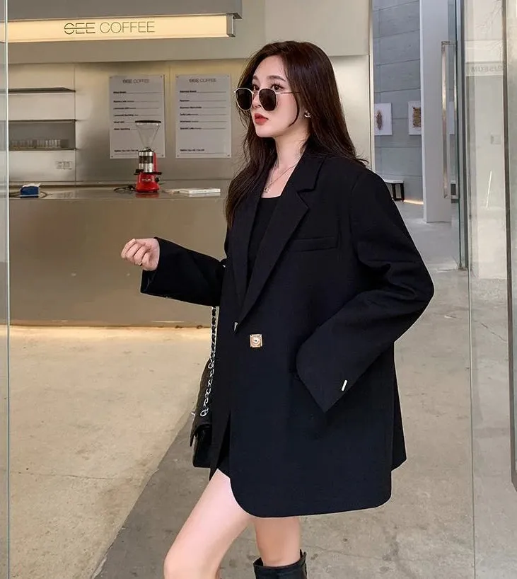 Long Women's Blazers Loose Jacket Dress Clothing Female Coats and Jackets Solid Over Black Youthful Woman Clothes New Outerwear