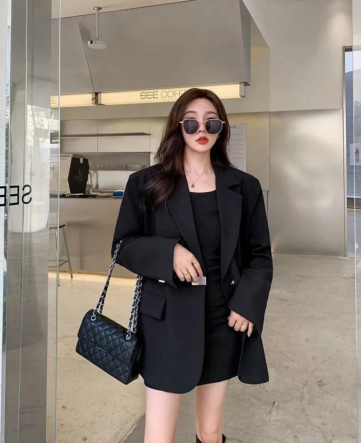 Long Women's Blazers Loose Jacket Dress Clothing Female Coats and Jackets Solid Over Black Youthful Woman Clothes New Outerwear