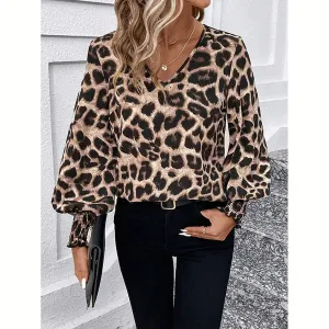 Mandy - Women's long-sleeved blouse, slim fit and leopard print