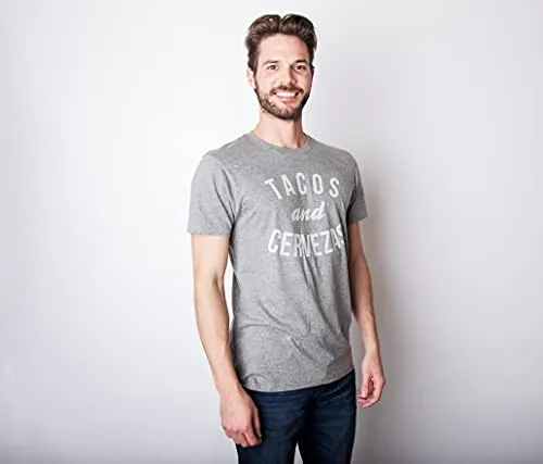 Mens Tacos and Cervezas Funny T Shirt for Vacation Sarcastic Humor Graphic Top (Dark Heather Grey) - L