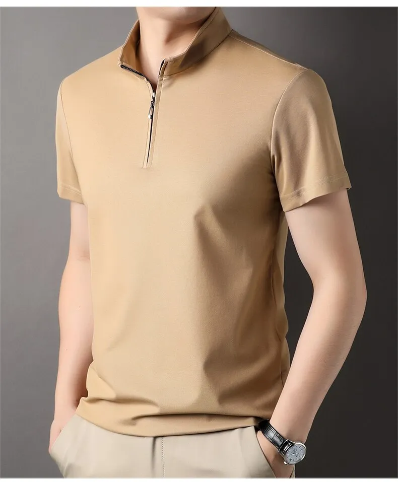 Men's zip neck polo shirt modern short sleeve top - stylish casual wear for everyday outings