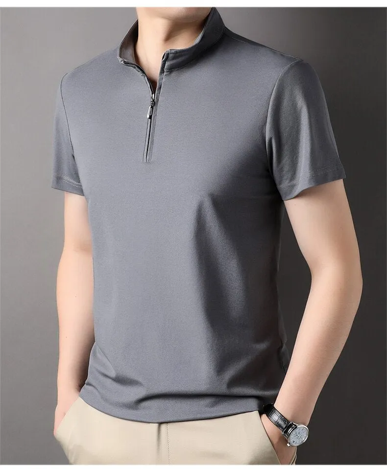 Men's zip neck polo shirt modern short sleeve top - stylish casual wear for everyday outings