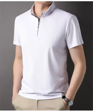 Men's zip neck polo shirt modern short sleeve top - stylish casual wear for everyday outings