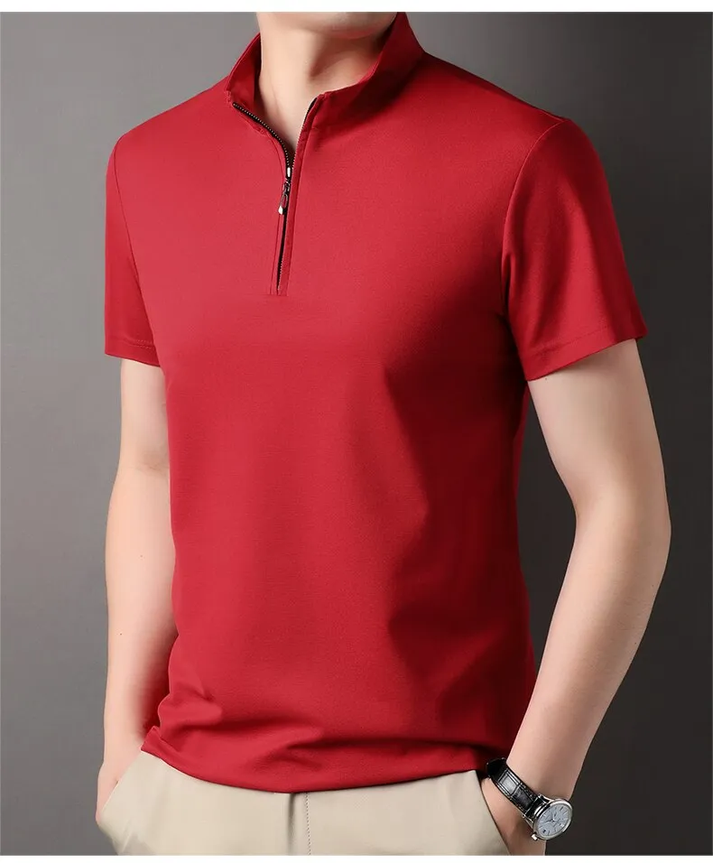 Men's zip neck polo shirt modern short sleeve top - stylish casual wear for everyday outings